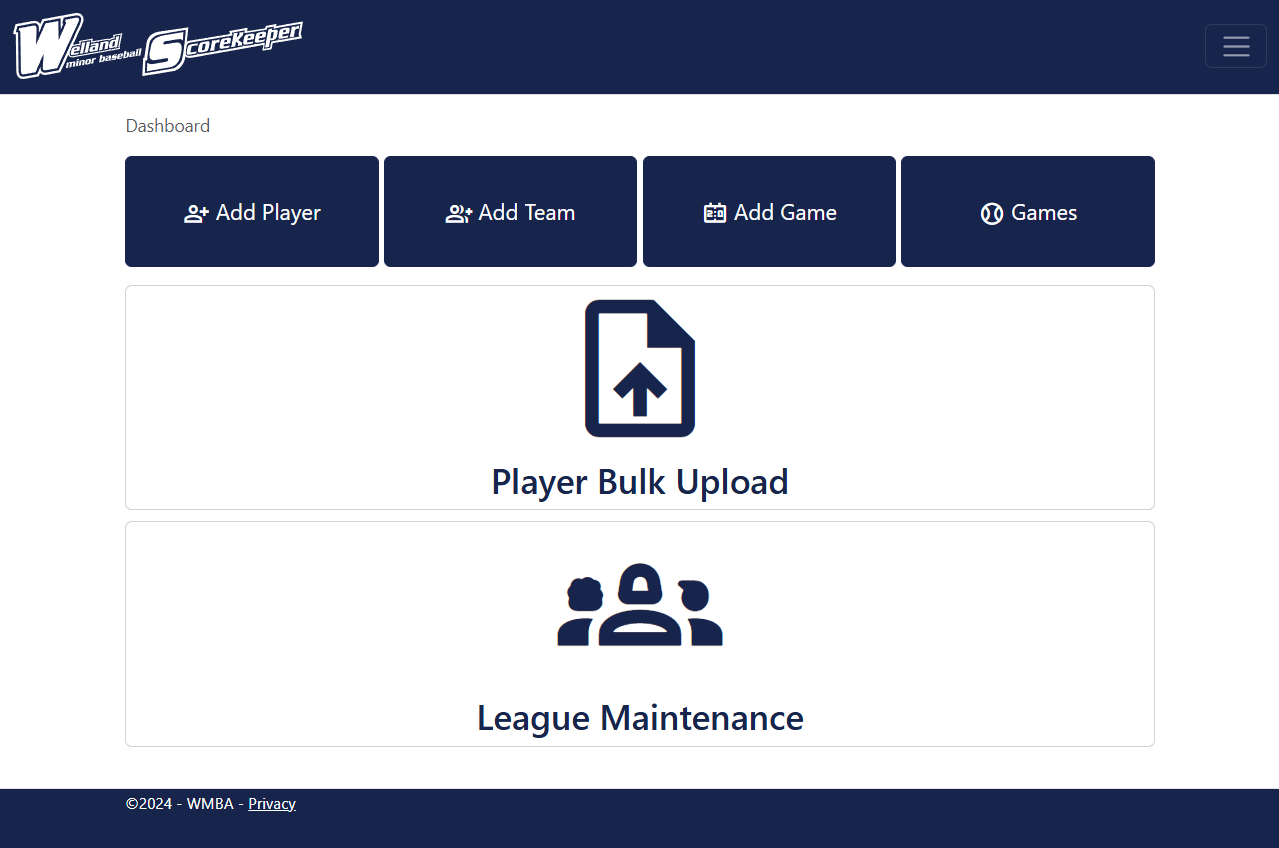 A screenshot of the WMBA Scorekeeper web application made with ASP.NET MVC during a group assignment. Cole was responsible for the front end, upload and download of CSV and Excel, and connection front end logic to back end gameplay logic.